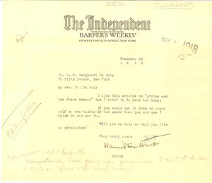 Letter from The Independent to W. E. B. Du Bois