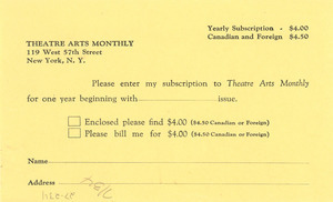 Theatre Arts Monthly subscription blank