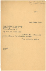 Letter from W. E. B. Du Bois to Shelby J. Davidson