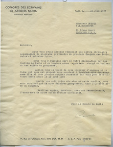 Letter from Congrès des Écrivains et Artistes Noirs to W. E. B. Du Bois