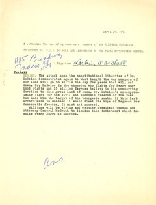 Form letter from Larkin Marshall to National Committee to Defend Dr. W. E. B. Du Bois and Associates in the Peace Information Center
