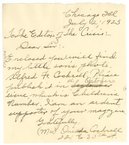 Letter from Oneida Cockrell to the Crisis
