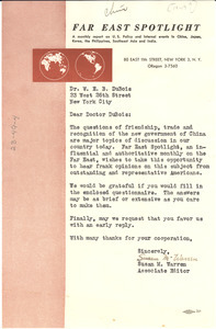 Letter from Far East Spotlight to W. E. B. Du Bois