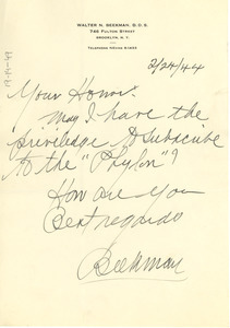 Letter from Walter N. Beekman to W. E. B. Du Bois