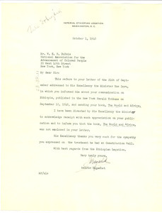 Letter from Imperial Ethiopian Legation to W. E. B. Du Bois