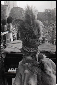 Dr. John at Summerthing's Sunset Series: view from behind Dr. John at the piano