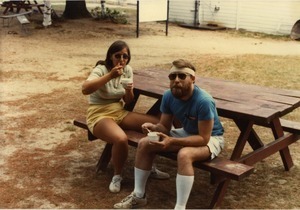 Man and woman at a picnic table, Pine Beach
