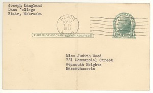 Postcard from Joseph Langland to Judith G. Wood Langland