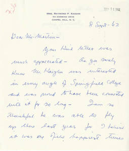 Letter from Stella T. Kaighn to Calvin Martin (Sept. 8 1962)