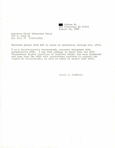Correspondence from Lou Sullivan to ACLU (August 24, 1987)