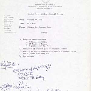 Agenda and notes for a meeting of the Bilingual Master Parents Advisory Council on November 10, 1978