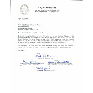 Letter from the city of Riverbank to Mayor Menino and the Boston City Council