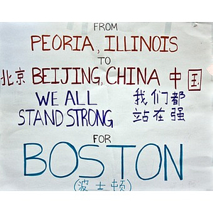 "We all stand strong for Boston" poster from the Copley Square memorial.