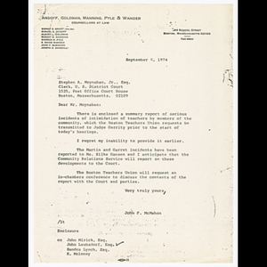 Letter from John F. McMahon to Stephen A. Moynahan, Jr. about incidents of intimidation of Boston teachers