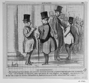 Les boursicotières. - Me trouvez-vous bien comme cela, mon cher monsieur Castorine, et pensez-vous qu'on puisse me reconnaître?... - Vous voilà en homme, c'est déjà bien, mais vous auriez dû vous déguiser en Espagnol.... vous auriez eu l'air de venir vous occuper du nouveau crédit mobilier de Madrid, et cela aurait encore mieux écarté tout soupçon!......