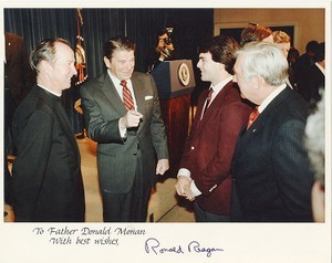 Monan, J. Donald at O'Neill Testimonial Dinner with Ronald Reagan, Doug Flutie, and Silvio Conte