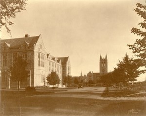 Saint Mary's Hall, Devlin Hall, and Gasson Hall with construction near Bapst Library, from Linden Lane, by Clifton Church