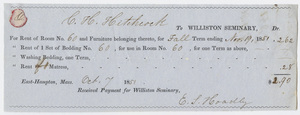 Edward Hitchcock receipt of payment to Williston Seminary, 1851 October 7