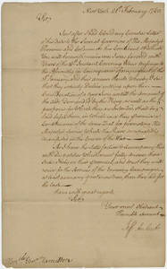 Jeffery Amherst letter to Lieutenant Governor James Hamilton, 1760 February 21