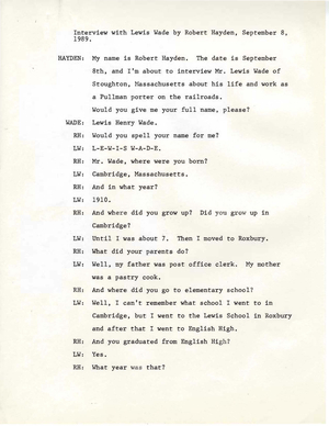 Interview with Lewis Wade, 1989 September 8