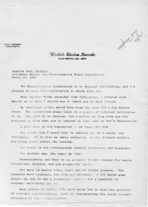 Senator Paul Tsongas' statement before the Massachusetts State Legislature regarding relationship between government and business