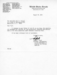 Letter to Paul E. Tsongas fro Robert C. Byrd