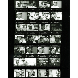 Contact sheet with images of Lei Jing Restaurant construction workers, including in a meeting at the Chinese Progressive Association, standing in front of Lei Jing Restaurant, and standing by the Chinatown Gate