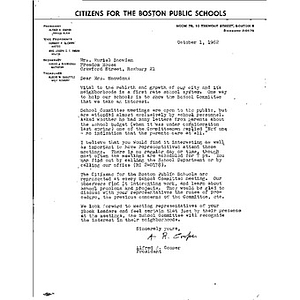 Citizens for the Boston Public Schools letter to Muriel Snowden.