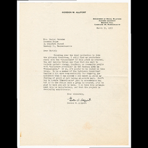 Letter from Gordon W. Allport of Harvard University to Muriel Snowden of Freedom House about invitation to join Advisory Committee