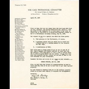 Letter from Mrs. George Bailey about Melnea Cass testimonial