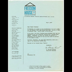 Letter from Otto Phillip Snowden to Barbados trip participants concerning Freedom House membership