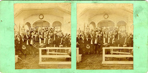 Stereograph of a group of people at a campground tabernacle meeting, Oak Bluffs, Mass., ca. 1869