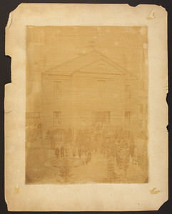 Group portrait of unidentified congregants standing in front of the Warren Street Chapel