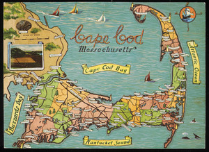 Color postcard of tourist map of Cape Cod, Mass.