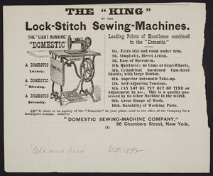 Advertisement for The Light Running Domestic, Domestic Sewing-Machine Company, 96 Chambers Street, New York, New York, October 1872