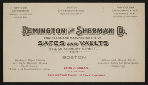 Trade card for Remington and Sherman Co., safes and vaults, 57 & 59 Sudbury Street, Boston, Mass., undated
