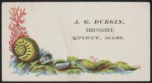 Trade card for A.G. Durgin, druggist, Quincy, Mass., undated