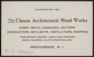 Trade card for The Clason Architectural Metal Works, Providence, Rhode Island, undated