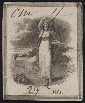 Label for thread, female figure holding scales, location unknown, undated
