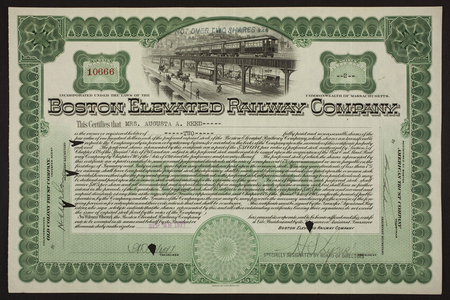Stock certificate for the Boston Elevated Railway Company, Old Colony Trust Company, Boston, Mass., dated September 28, 1927