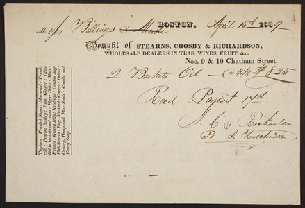Billhead for Stearns, Crosby & Richardson, teas, wines, fruit, Nos. 9 & 10 Chatham Street, Boston, Mass., dated April 16, 1839