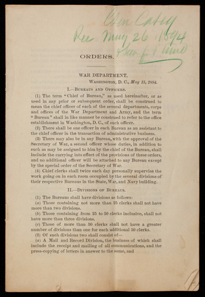 War Department Orders to Thomas Lincoln Casey, May 26, 1894