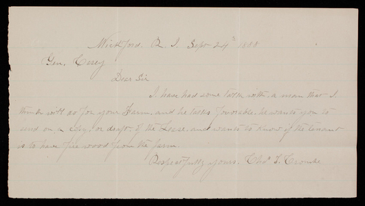 [Charles] T. Crombe to Thomas Lincoln Casey, September 24, 1888
