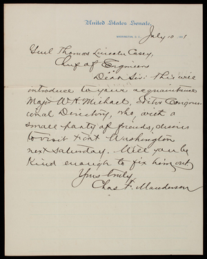 Charles F. Manderson to Thomas Lincoln Casey, July 10, 1891