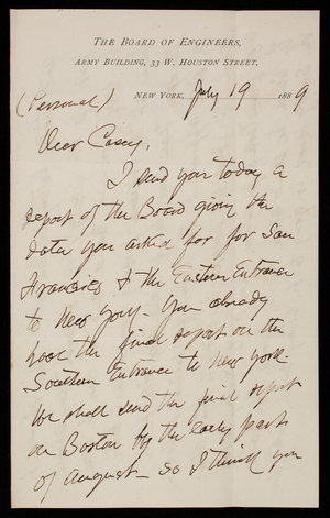 Henry L. Abbot to Thomas Lincoln Casey, July 19, 1889
