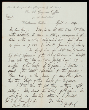 [William P. Craighill] to Thomas Lincoln Casey, April 1, 1890