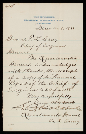 S. B. Holabund to Thomas Lincoln Casey, December 8, 1888