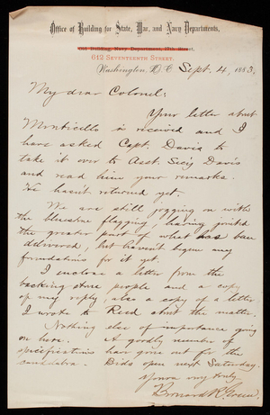 Bernard R. Green to Thomas Lincoln Casey, September 4, 1883