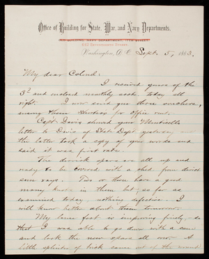 Bernard R. Green to Thomas Lincoln Casey, September 5, 1883