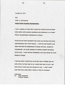 Memorandum from Mark H. McCormack to Arnold Palmer European representation file